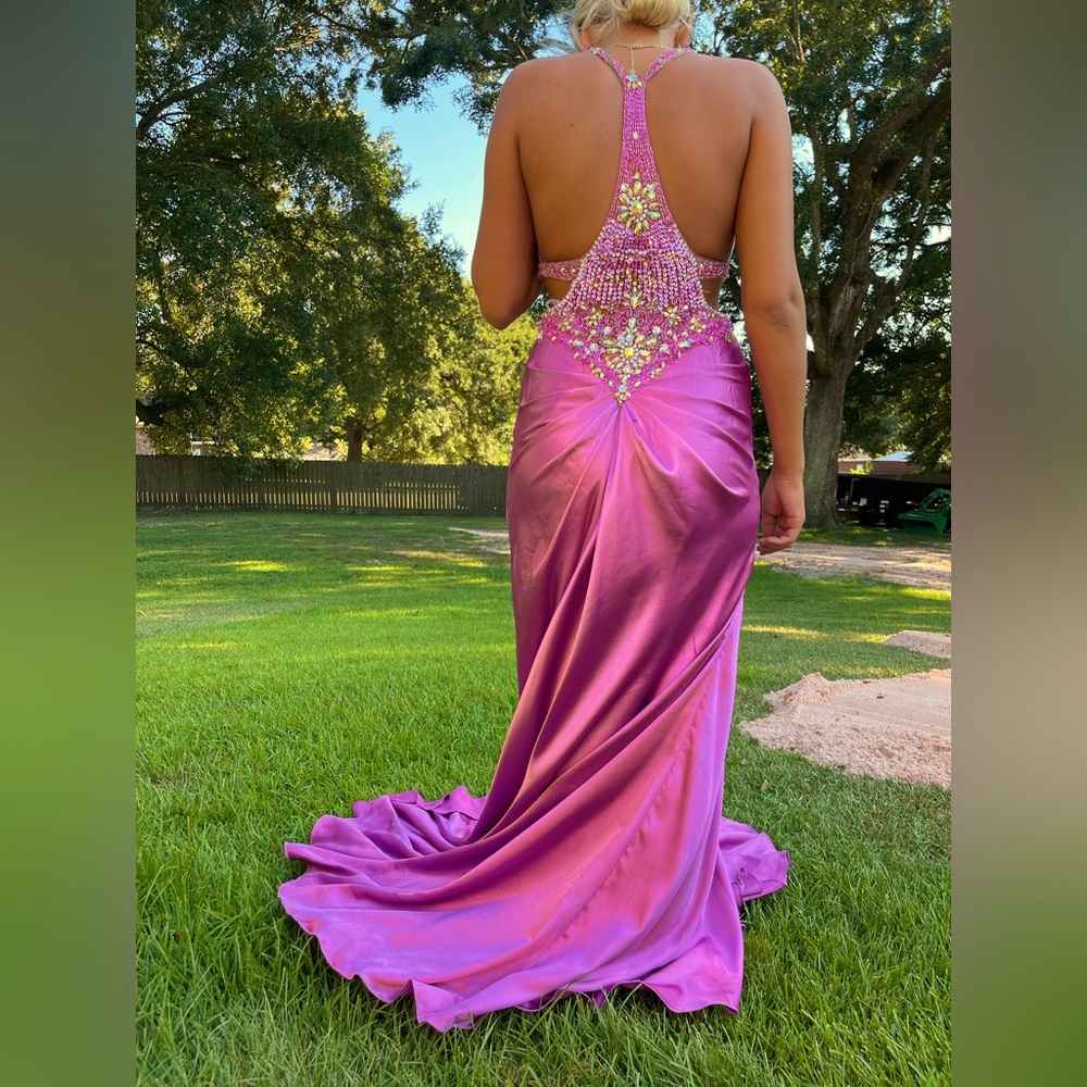 Satin flush powdered pink, long train, cut out back ball gown/ prom dress.